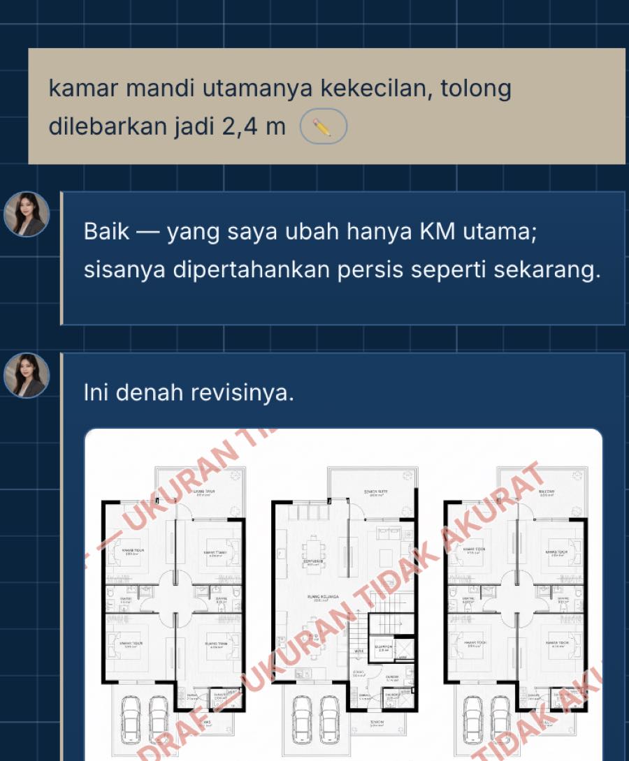 alur betulkan denah: kartu koreksi → kartu kredit → denah revisi → tawaran lanjut
