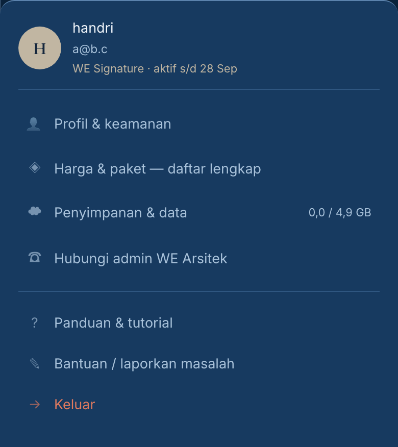 Menu akun pelanggan WE Signature